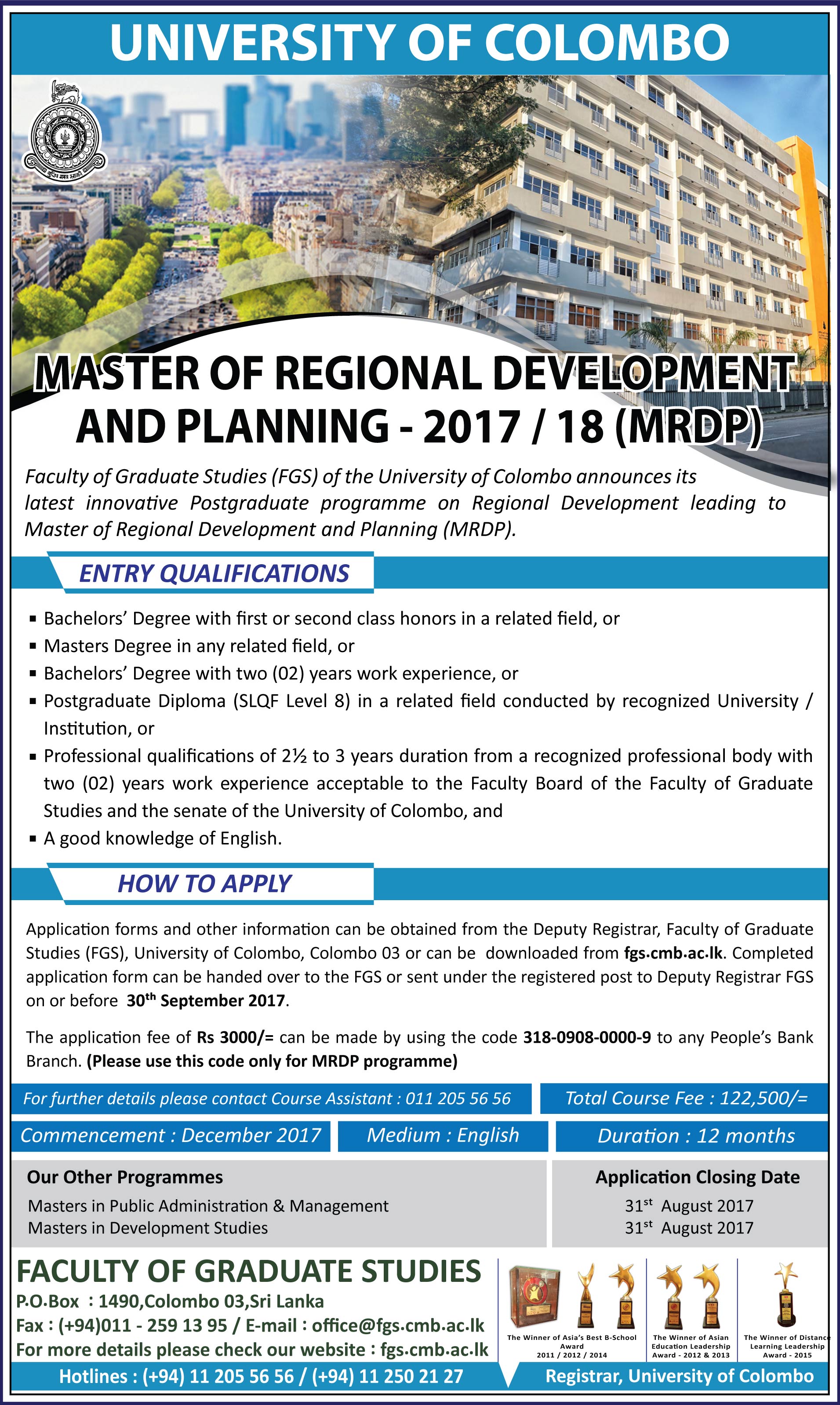 Master of Regional Development & Planning (2017/18) - Faculty of Graduate Studies - University of Colombo